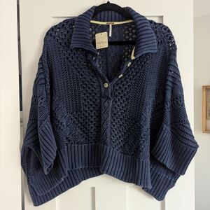 Free People Knit Collared Sweater in Blue NWT XL